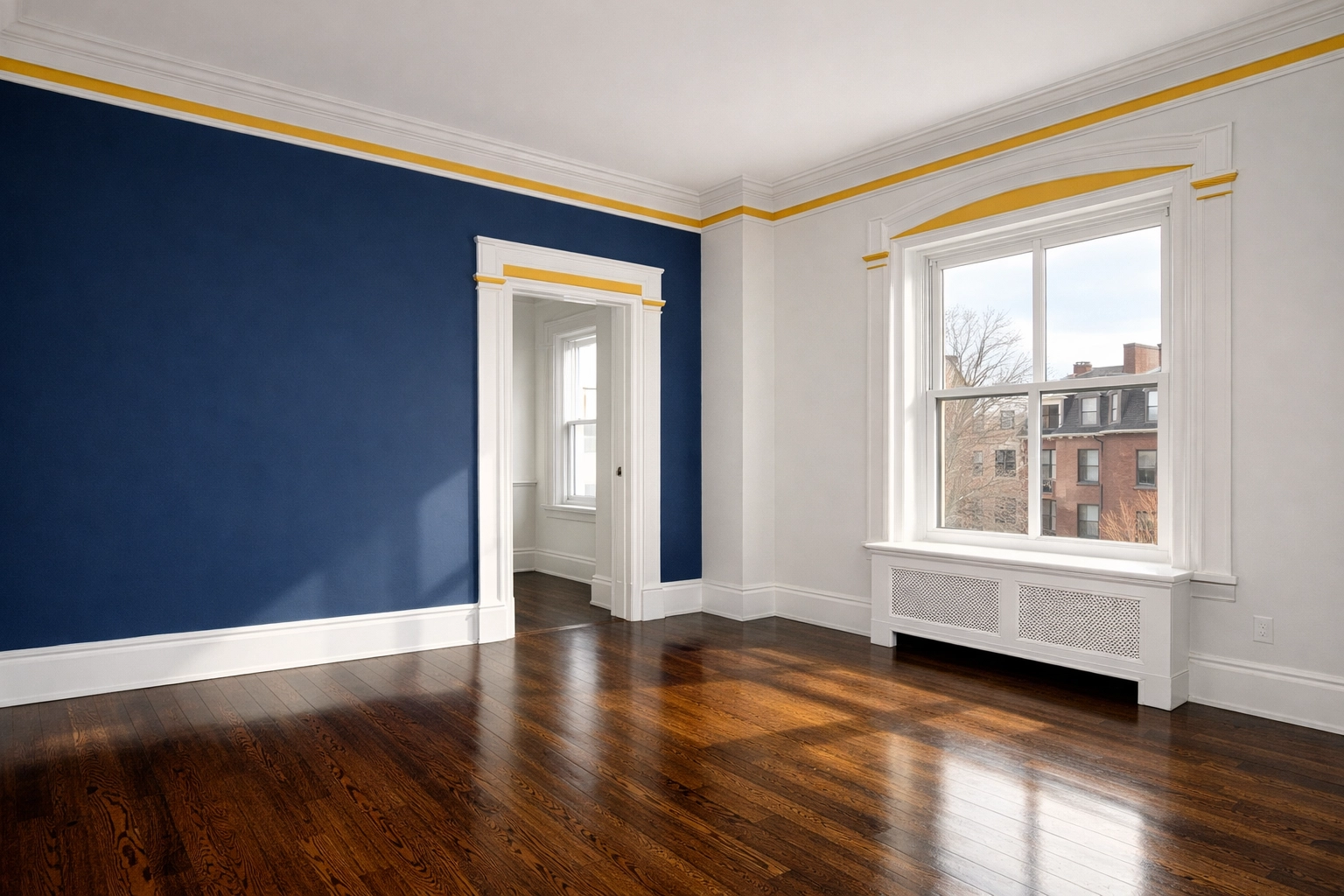 Pristine unfurnished bedroom in a Boston brownstone highlighting professional move-in cleaning and dust-free surfaces.
