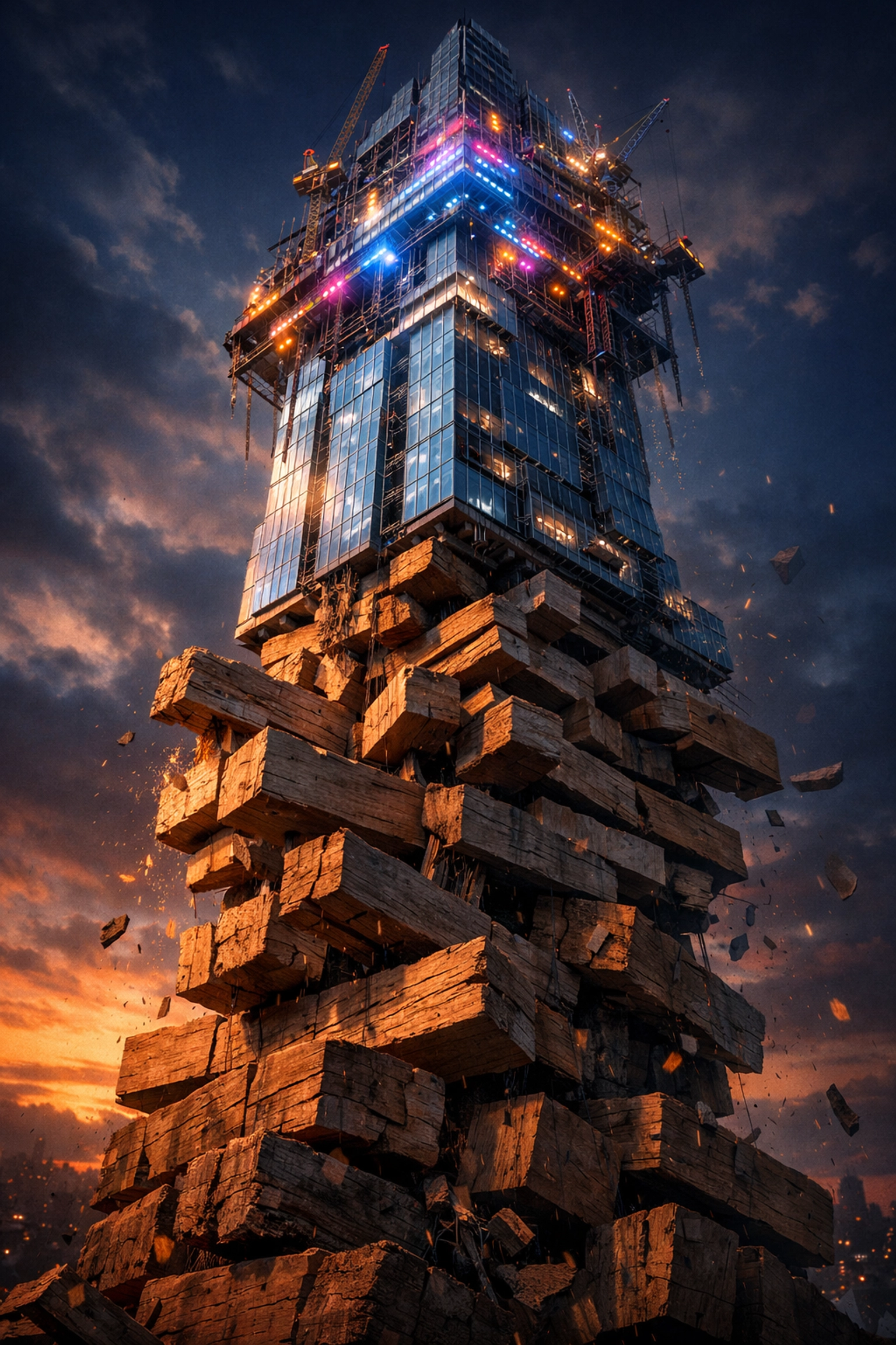 A futuristic skyscraper balancing on unstable wooden blocks, illustrating a shaky startup GTM strategy.