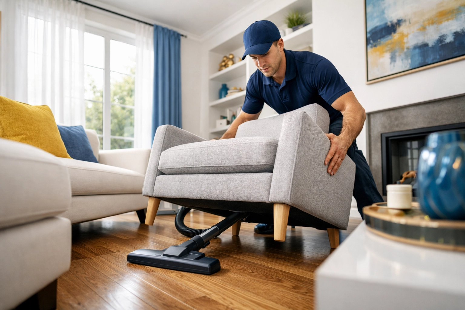 Professional cleaner performing deep cleaning Franklin services by vacuuming under furniture in a modern home.