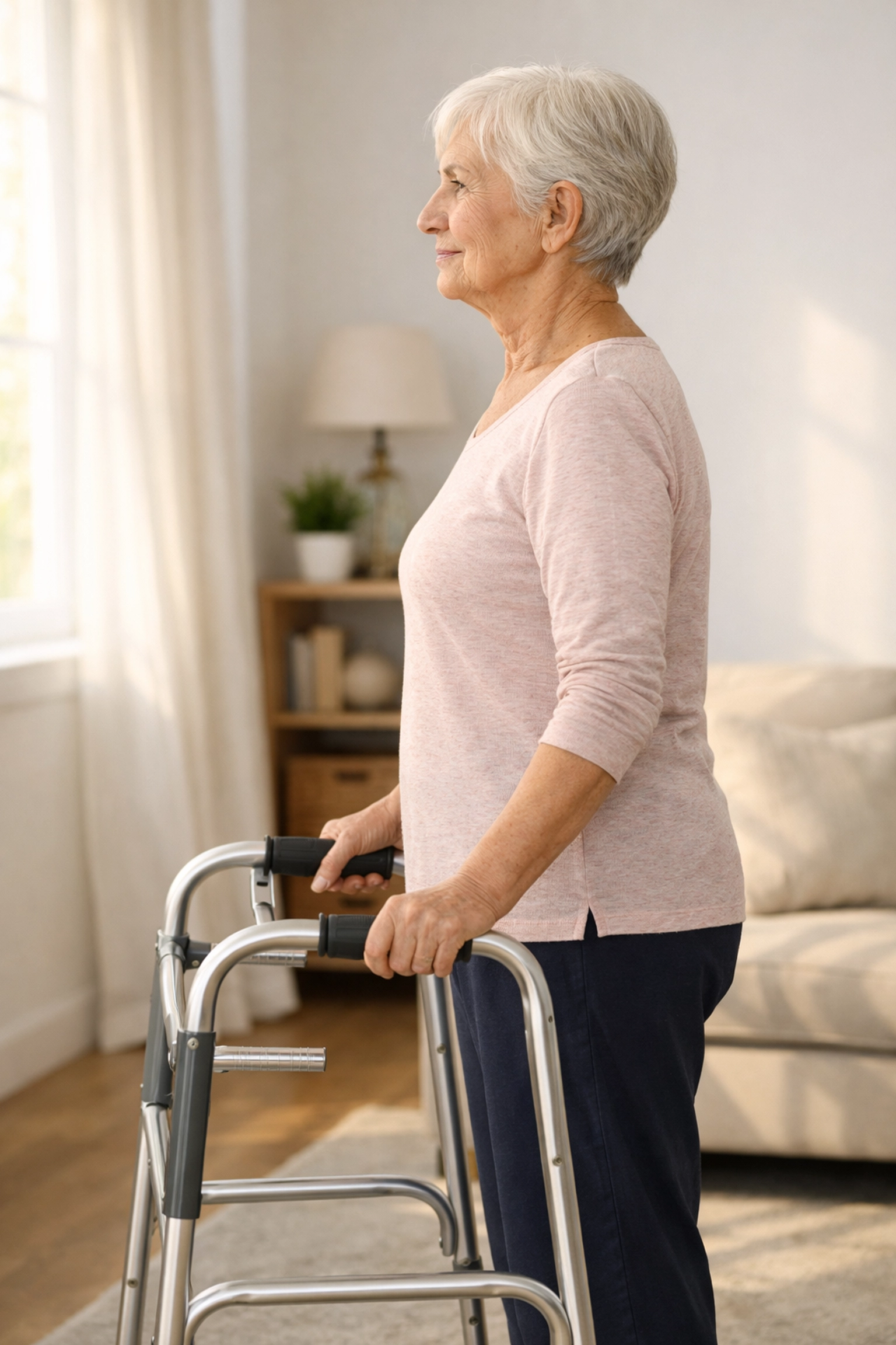 Senior woman demonstrating correct walker height with handles aligned at her wrist crease for safety.