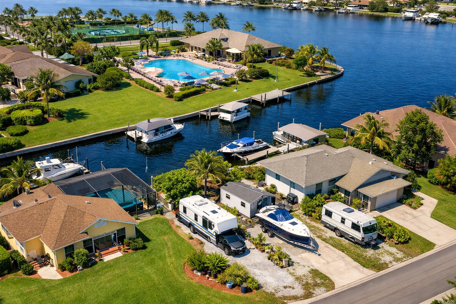 Cape Coral neighborhood showing HOA and non-HOA homes with pools and waterfront canals