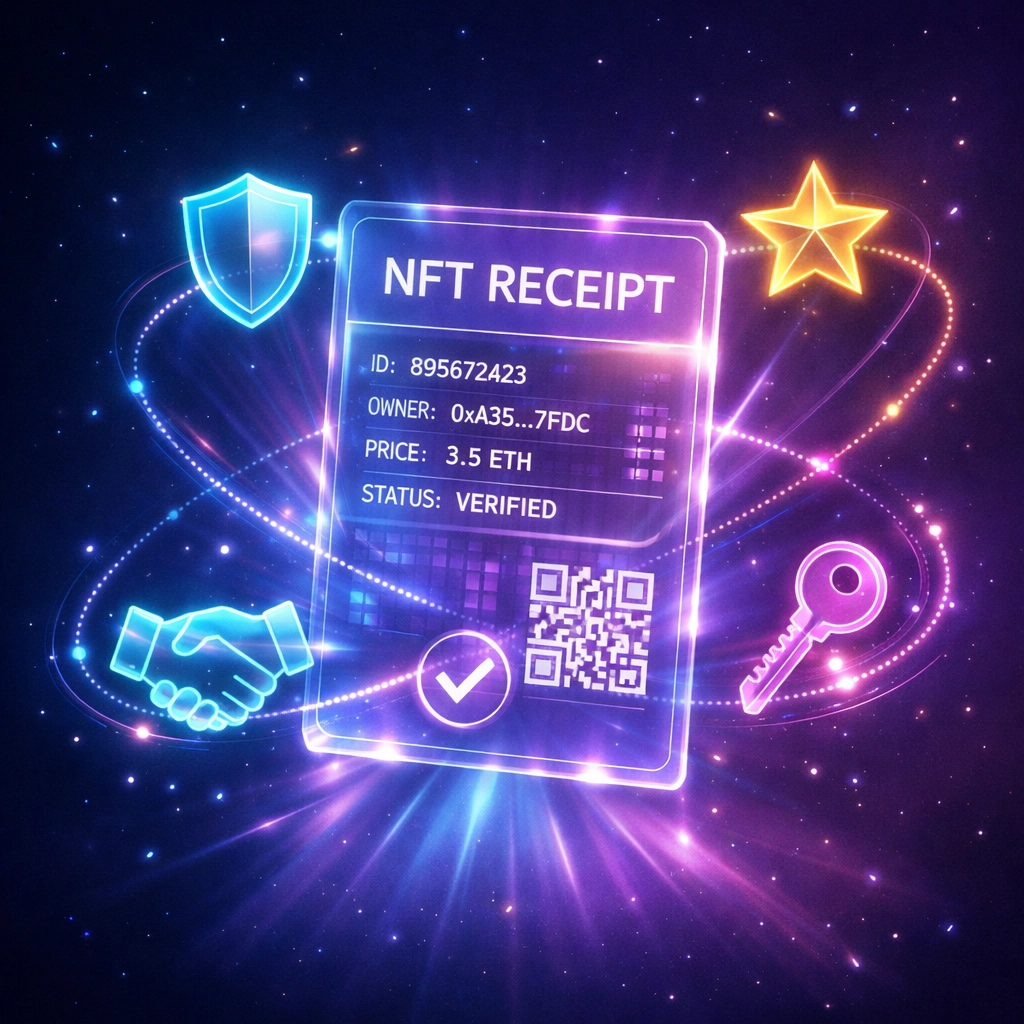 NFT receipt with utility features including warranty, loyalty rewards, and exclusive access icons