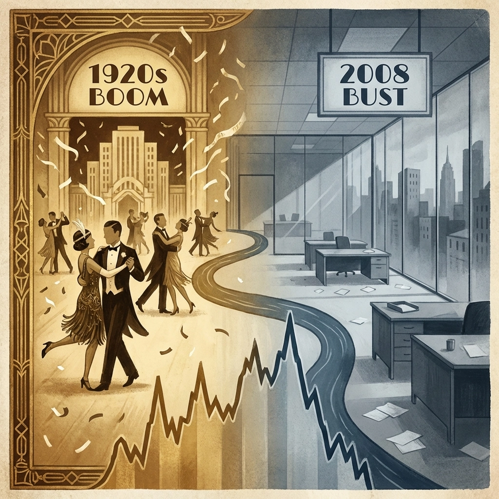 Timeline illustration contrasts the 1920s stock market boom with the 2008 financial crisis.