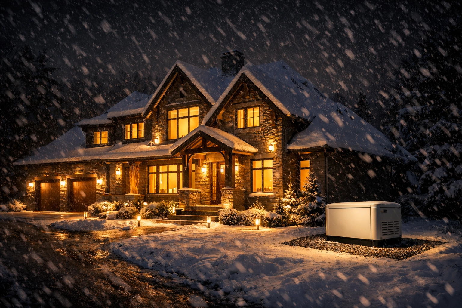 A home powered by a standby generator during a winter storm while the neighborhood is in a blackout.