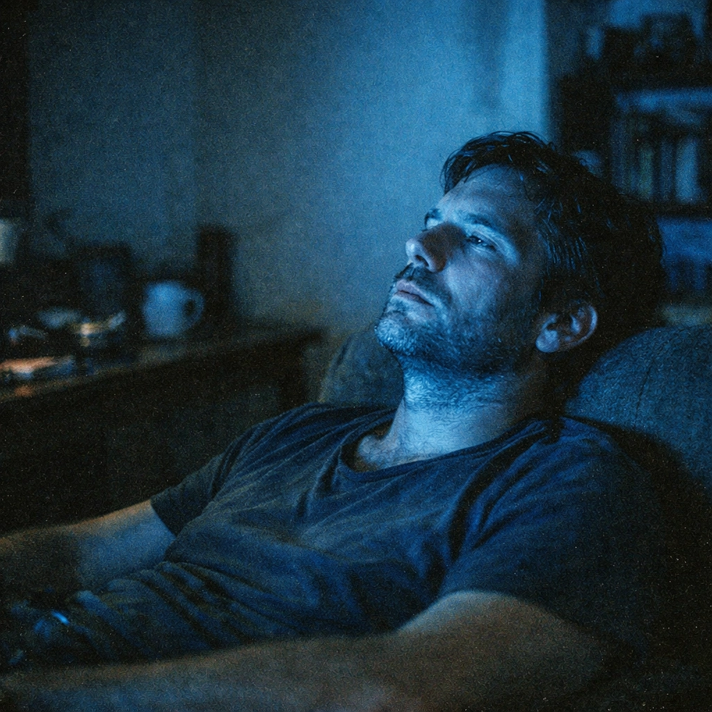 Man immersed in the blue glow of a screen, illustrating the trance-like PMV meaning and digital desire.