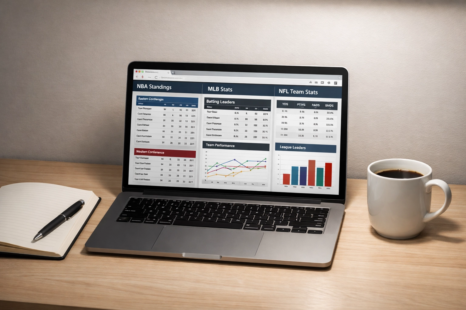 Sportwetten Statistik-Analyse am Laptop mit Daten und Notebook