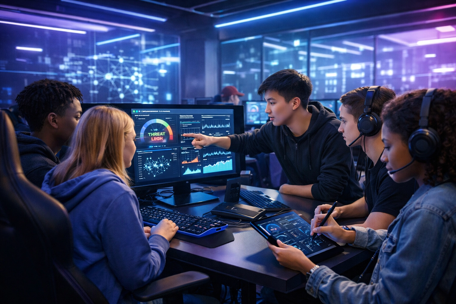 High school students learning cybersecurity and data analytics in modern esports training facility