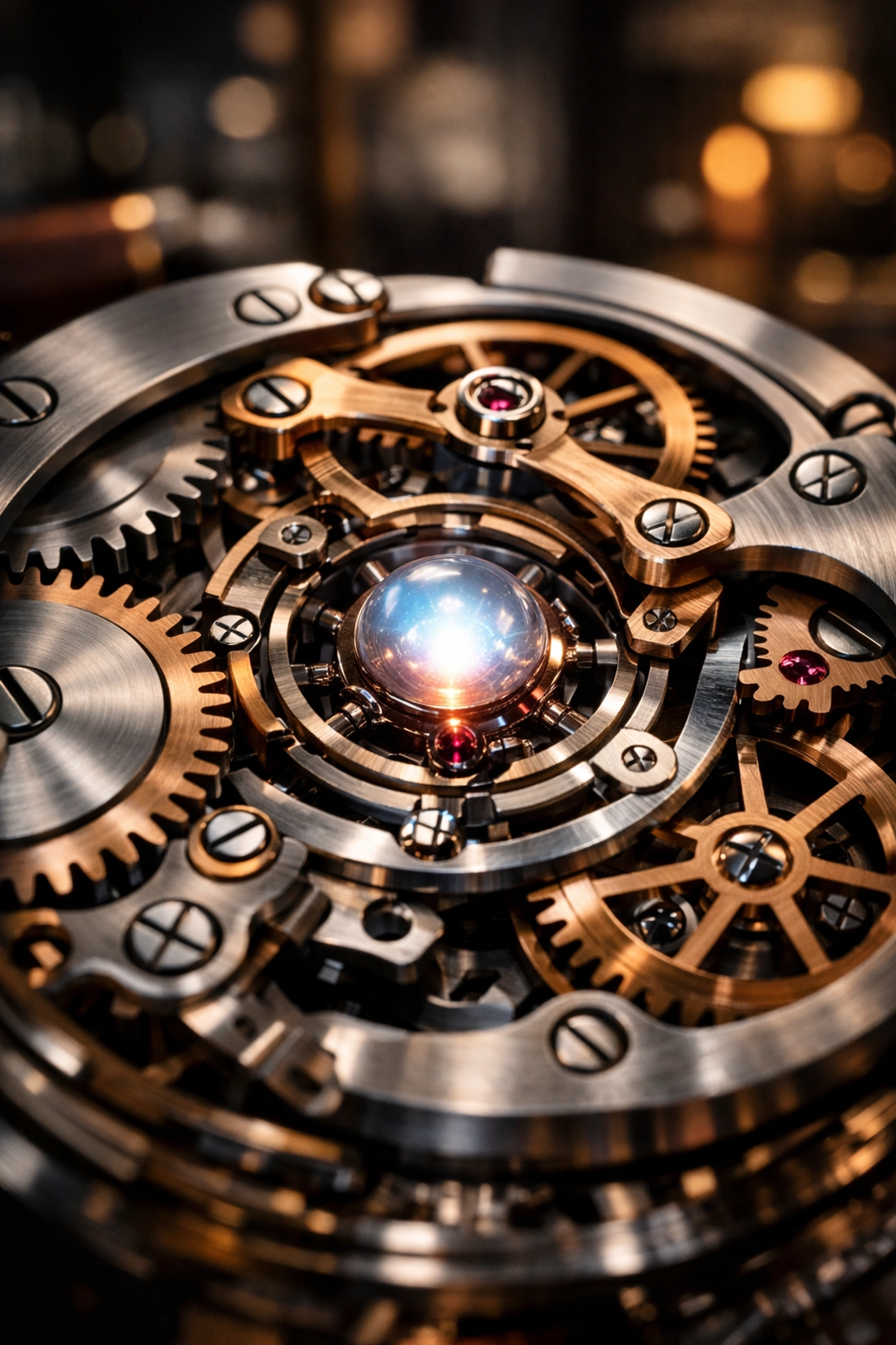 Intricate clockwork mechanism with a glowing core symbolizing the soul and culture of a bankable enterprise.