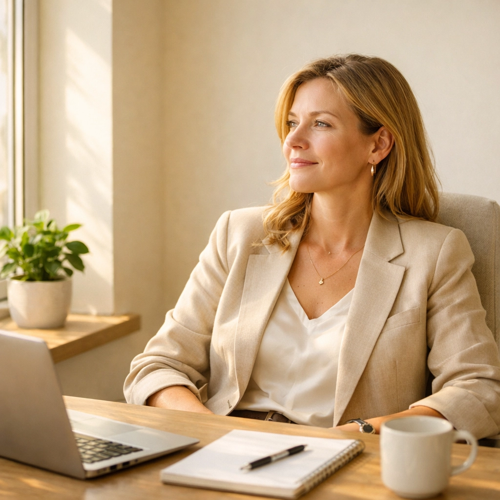 Agency leader reflecting on mission-driven learning and workforce potential at a modern desk.