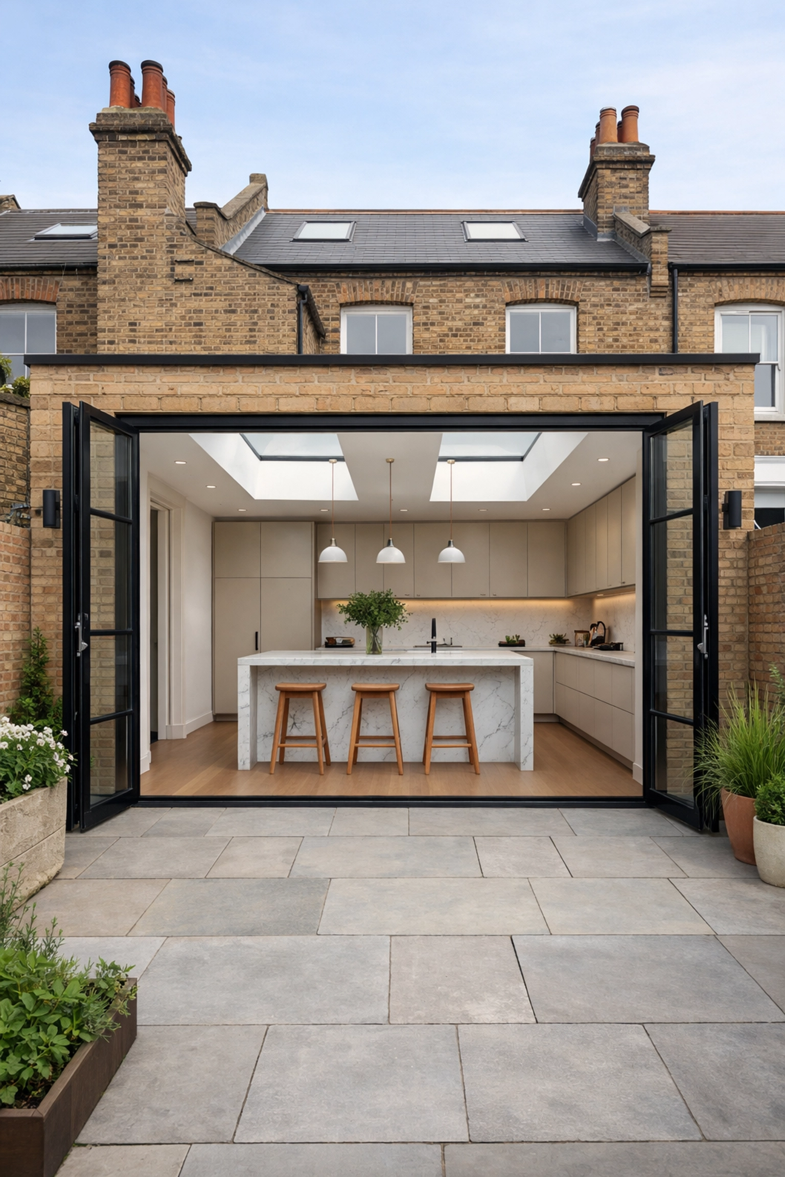 Completed contemporary kitchen extension with large glass doors in an East London home.
