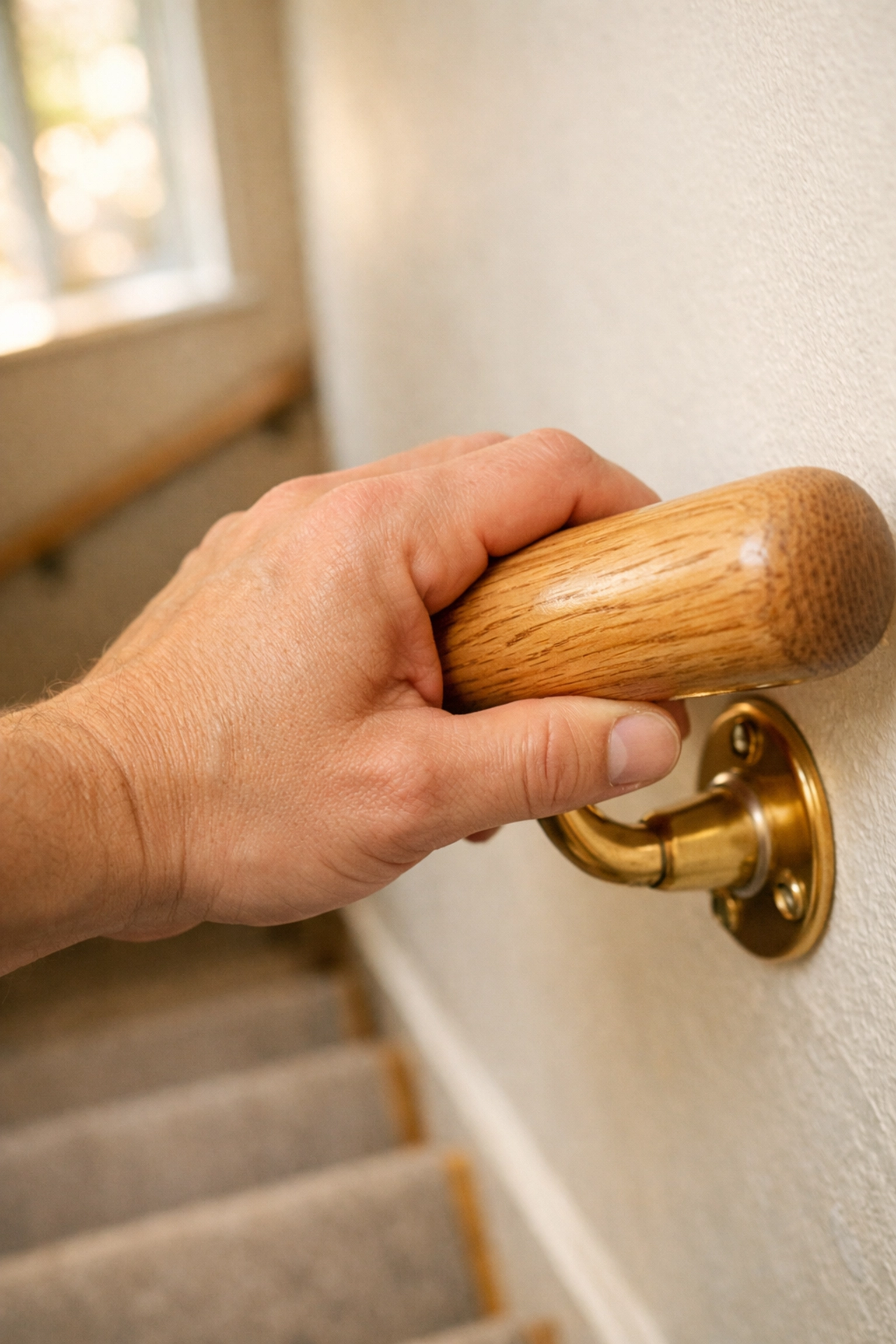 Close-up of a hand firmly gripping a rounded wooden handrail for optimal stair safety and balance.