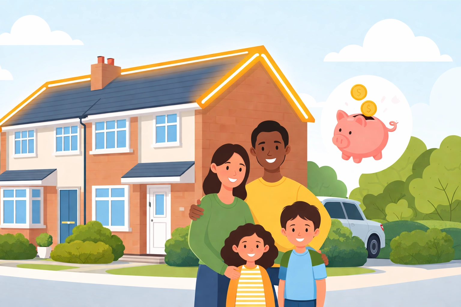 Smiling Birmingham family outside their insulated home with savings icon, emphasizing lower energy bills and comfort.