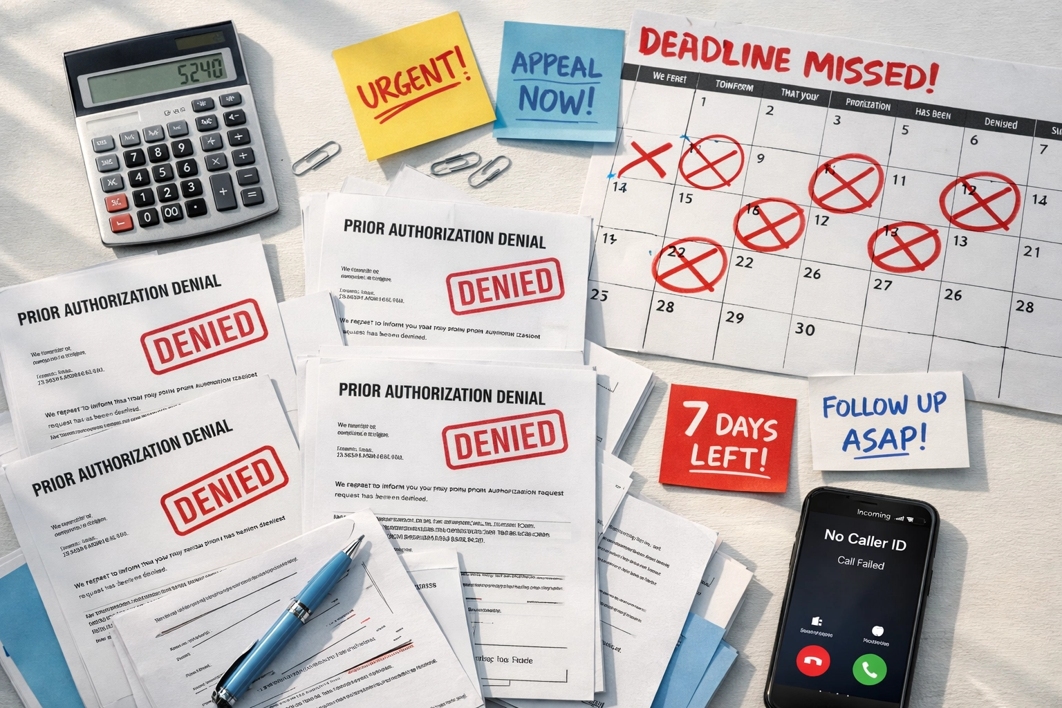 Prior authorization denial letters and missed deadlines on therapy clinic billing desk
