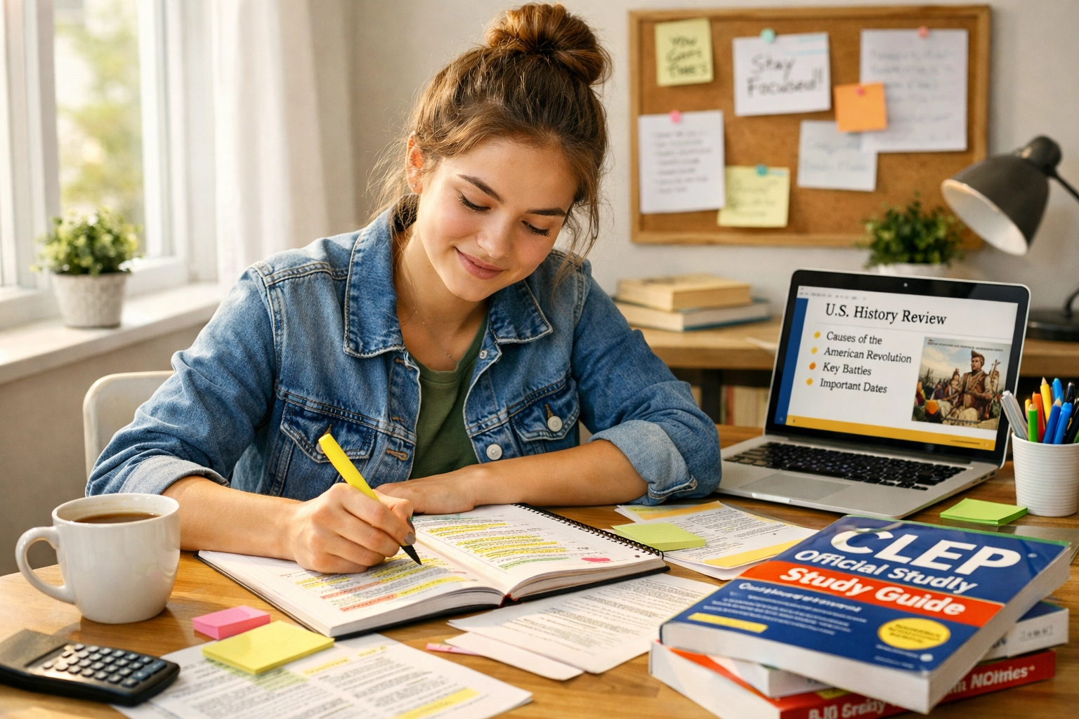 Student preparing for CLEP exam with study materials and test prep resources (1x1, center safe zone)