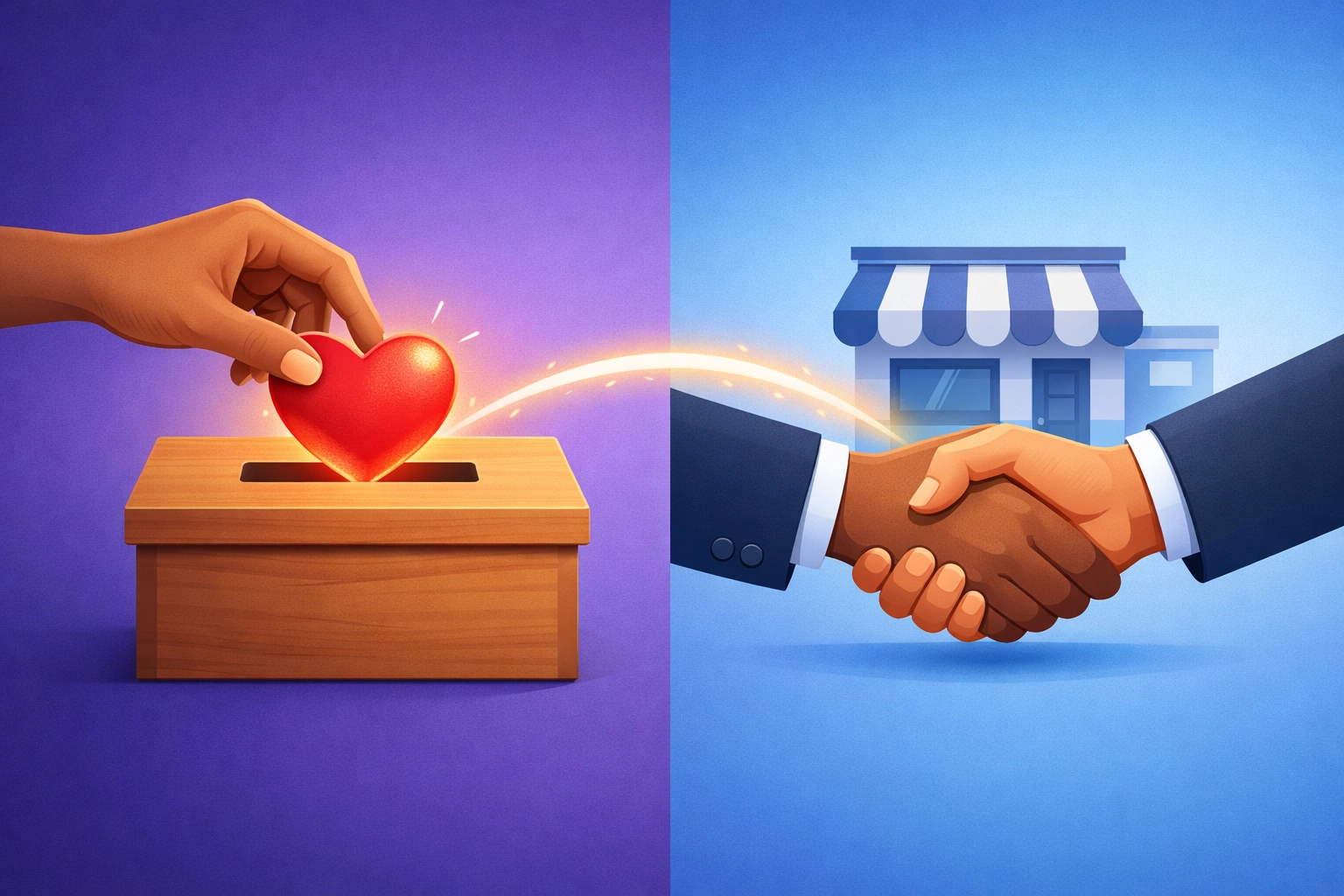 Vector illustration comparing a charitable donation heart with a business sponsorship handshake.