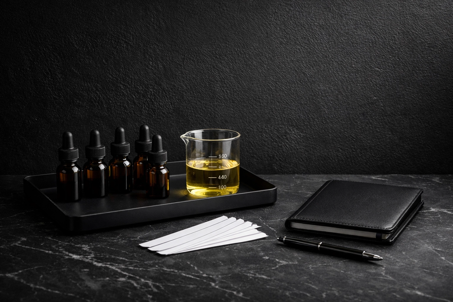 Custom perfume blending station with botanical oils and scent strips for designing a signature scent.