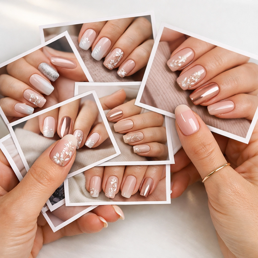 Manicured hands with elegant nail art designs holding reference photos for inspiration