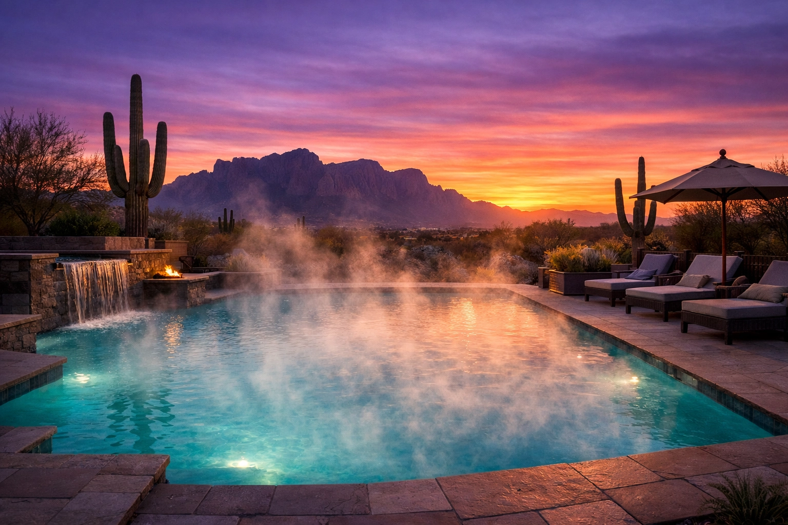 Morning mist rising from an Arizona pool in Gilbert, showing typical desert evaporation and water loss.