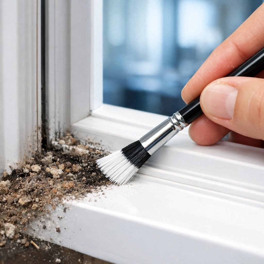 Close-up of a precision brush scrubbing construction debris out of a white vinyl window track.