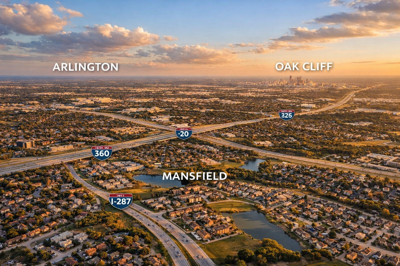 Aerial view of DFW neighborhoods including Arlington, Mansfield, and Oak Cliff apartment areas