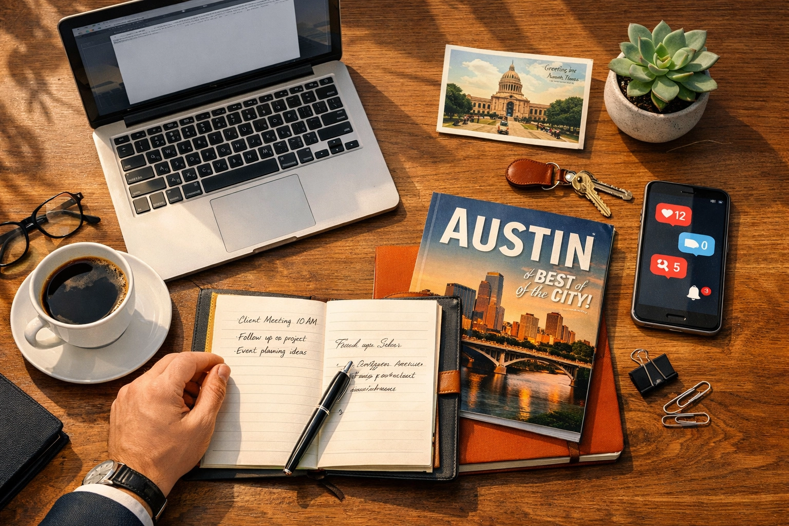 Professional workspace showing authentic Austin business community engagement and local presence
