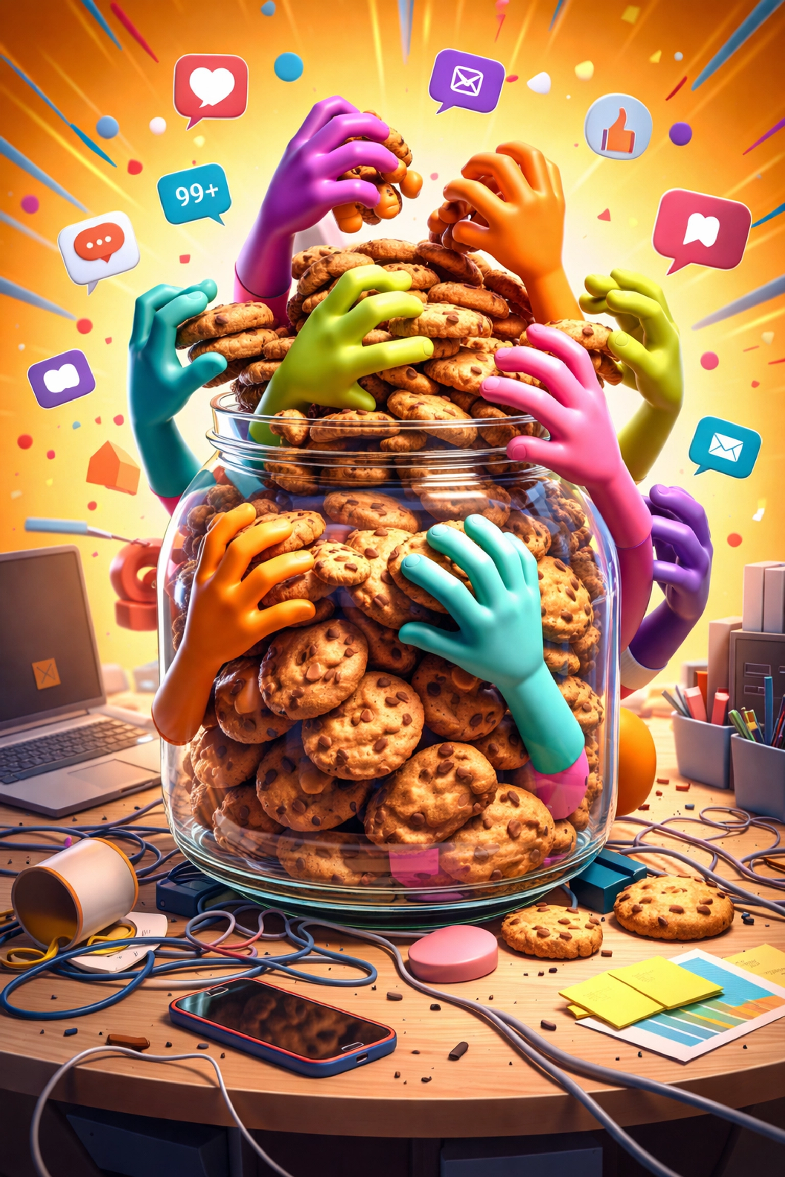 Illustration showing many colorful hands reaching into a cookie jar, symbolizing chaotic team collaboration in business automation Phoenix.