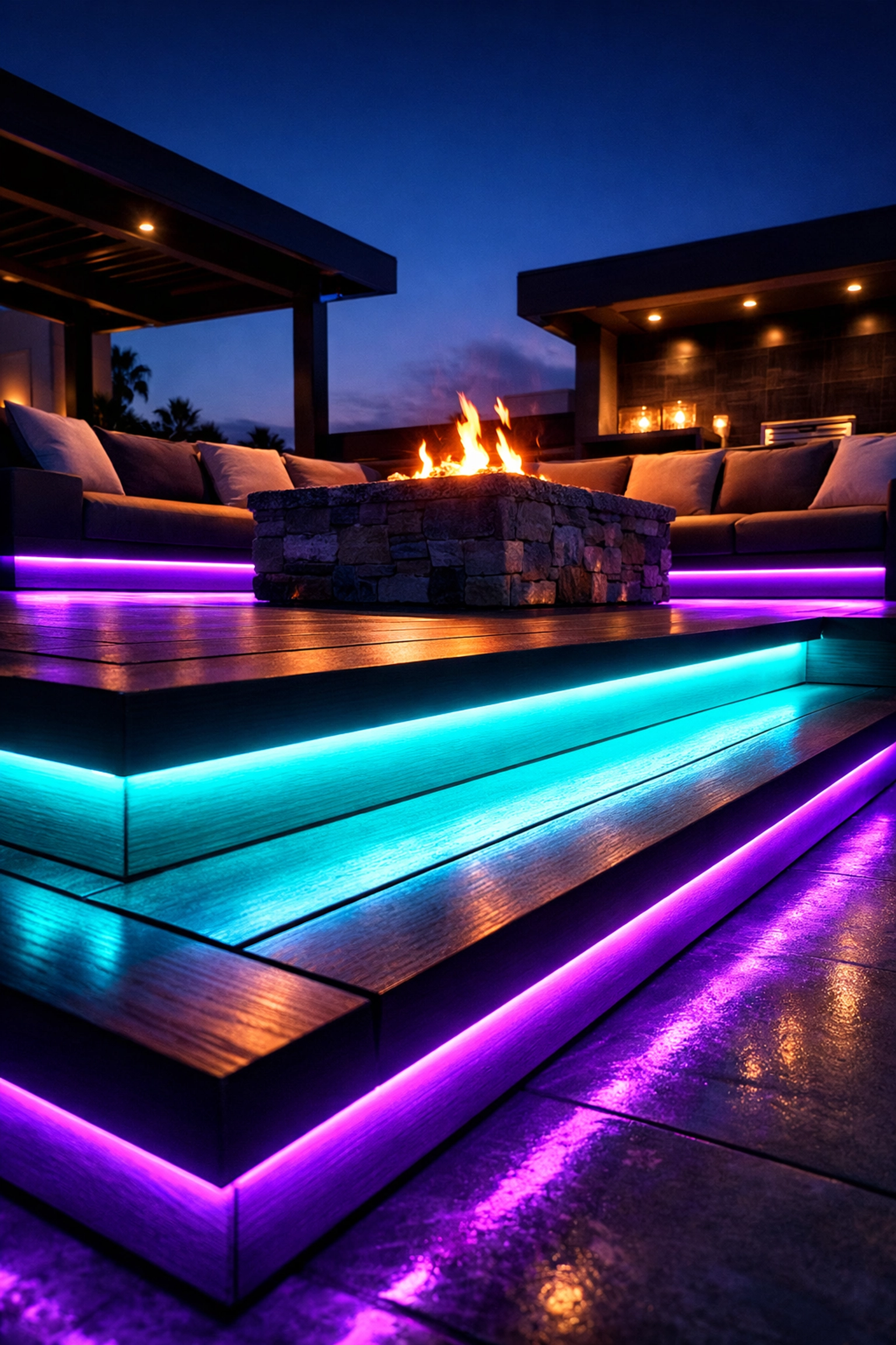 Διακοσμητική ταινία LED RGB σε εξωτερική βεράντα για ατμοσφαιρικό φωτισμό κήπου.