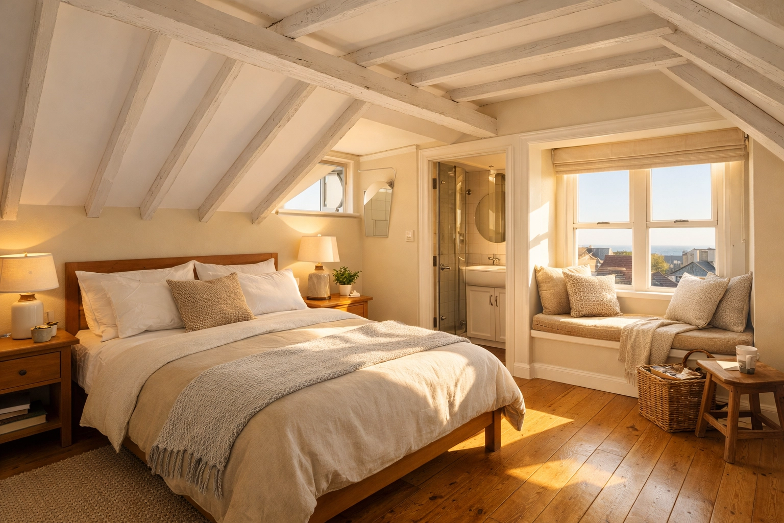 Modern loft conversion bedroom in Bournemouth with dormer window and en-suite