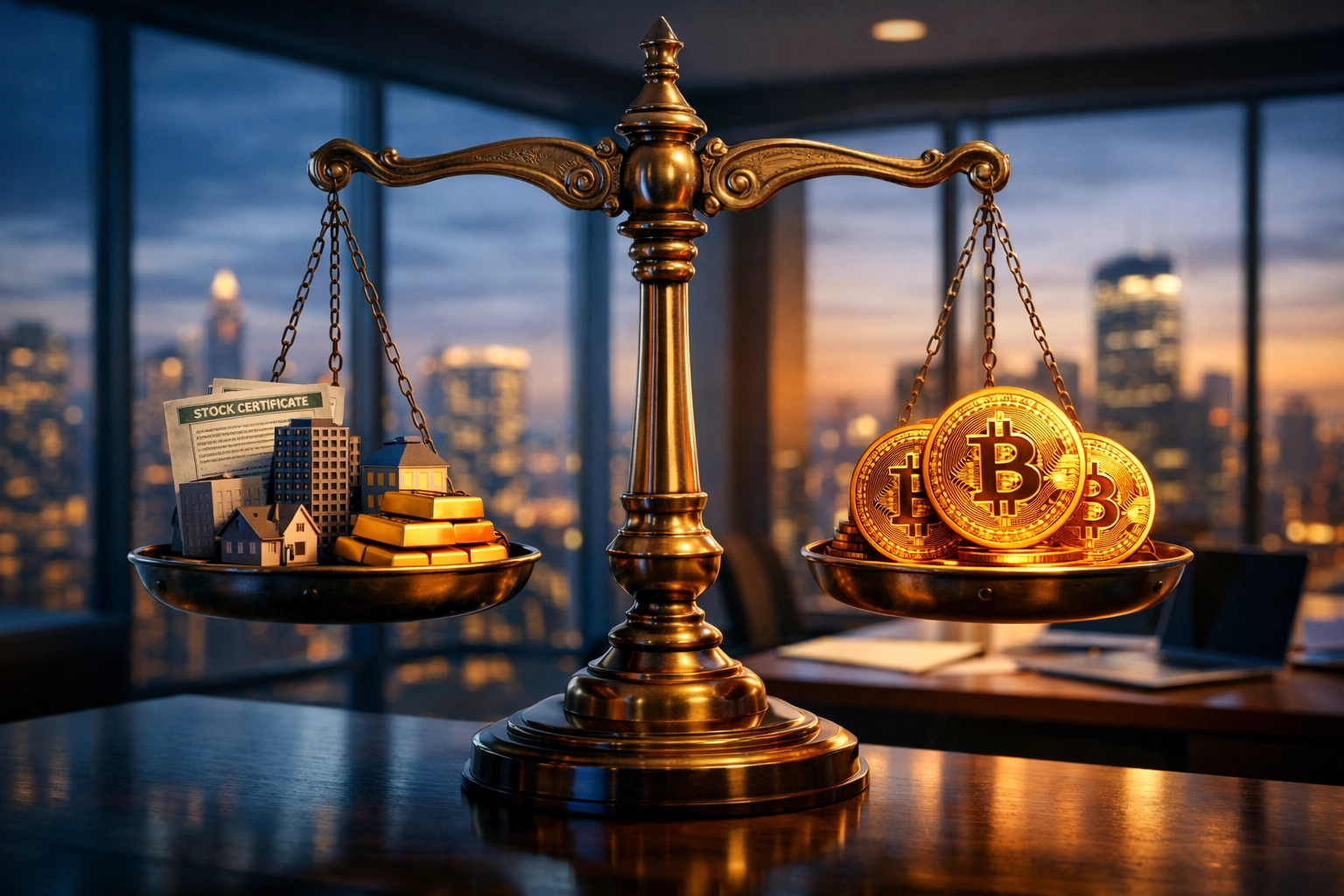 Balanced scale comparing traditional investments like real estate with Bitcoin digital assets