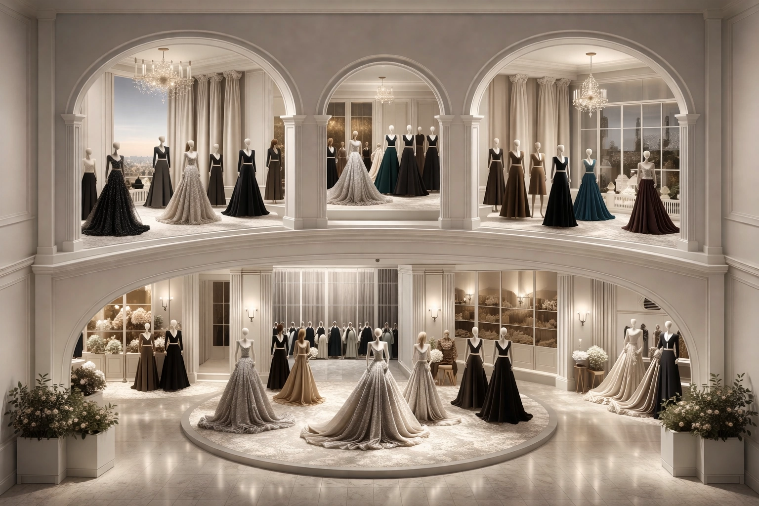 Interconnected luxury fashion showrooms across major cities, illustrating Latin Fashion Week's multi-city influence and global reach