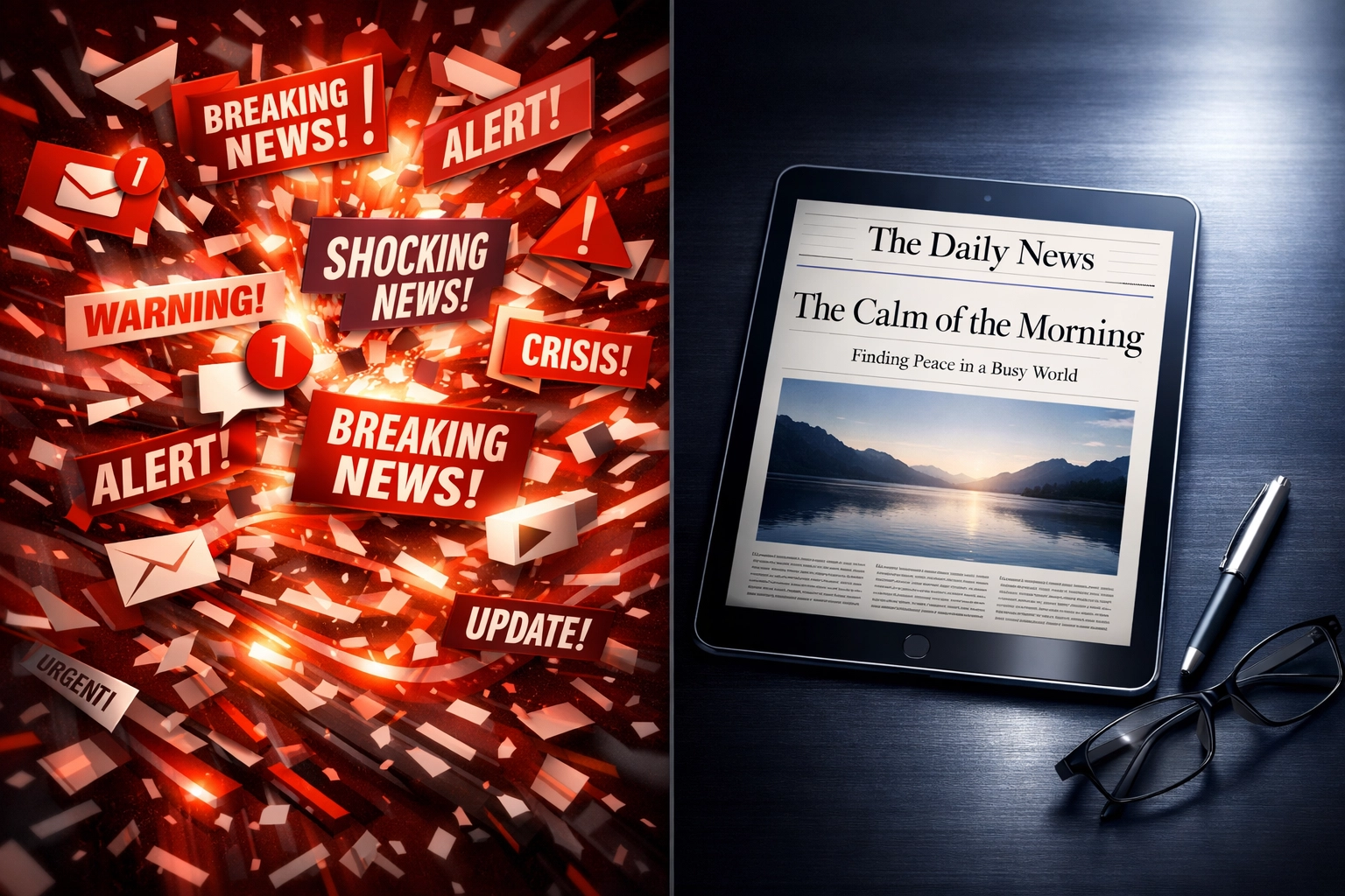 Comparison of chaotic news notifications versus single curated news headline for peace