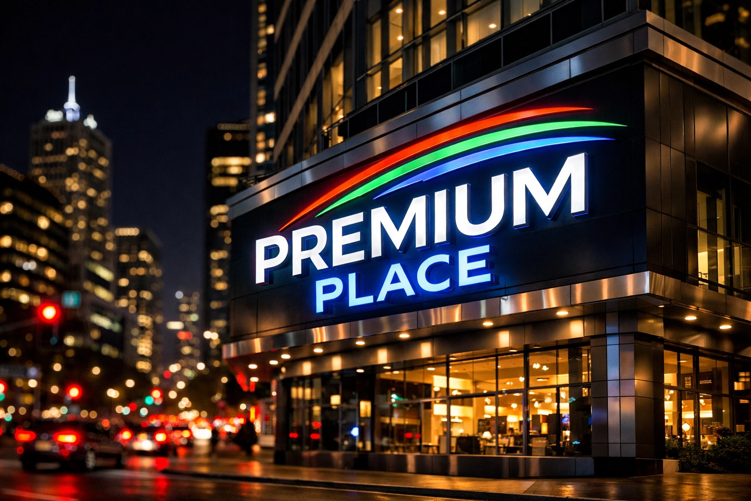 High-visibility multi-colored LED signage on a Dallas commercial building at night.