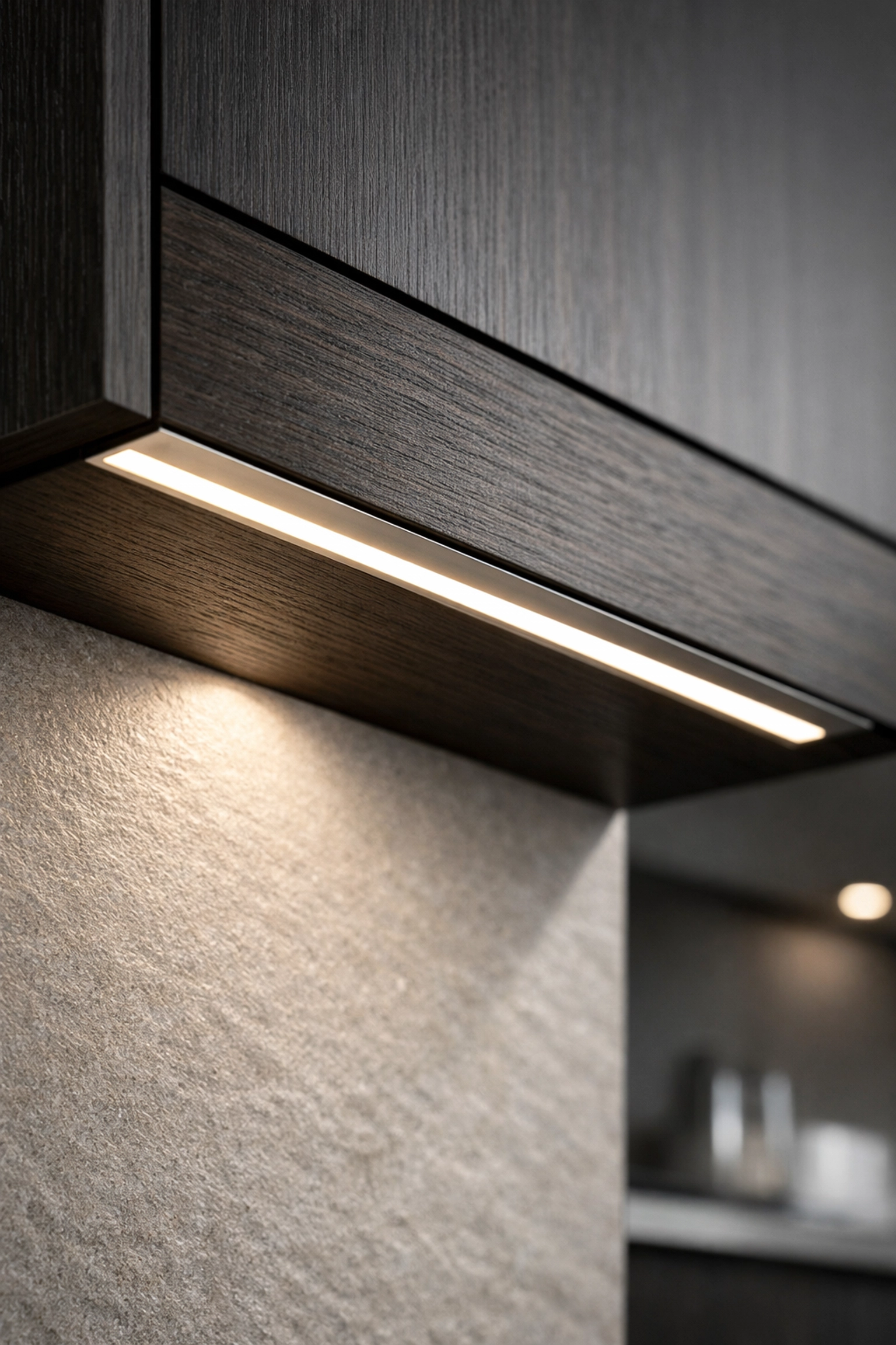 Custom recessed LED lighting integrated into a dark wood kitchen cabinet corner for a seamless glow.