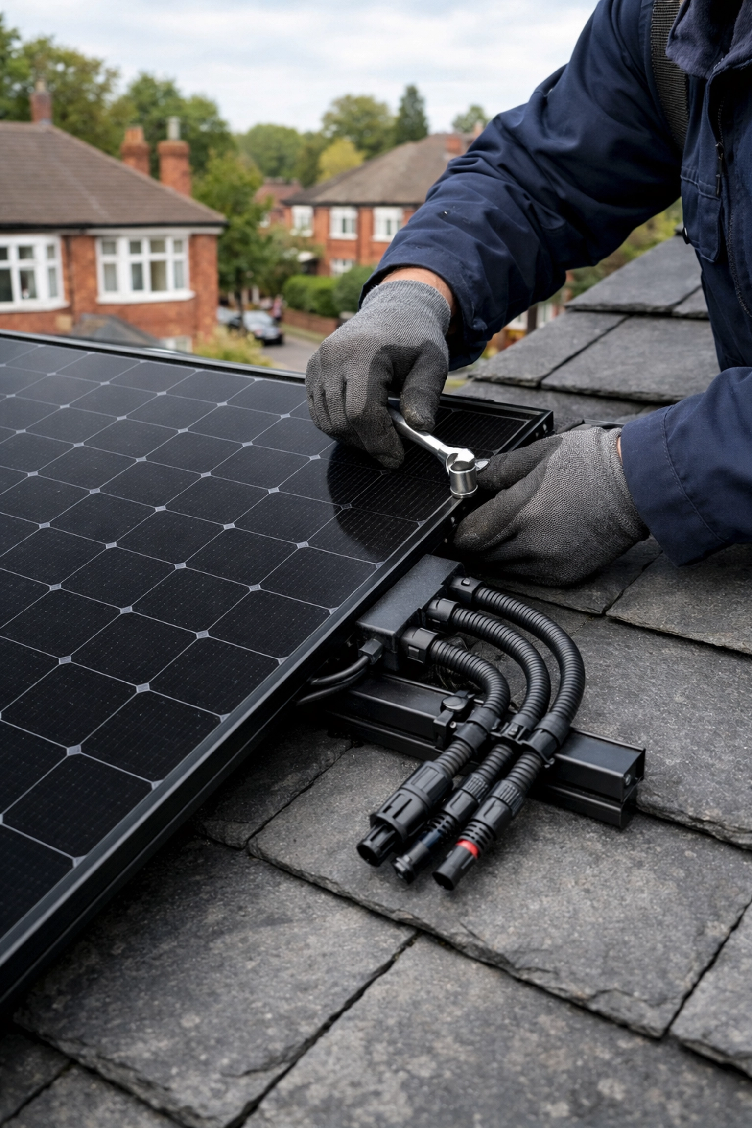 Professional solar installer fitting black solar panels on a UK home roof.