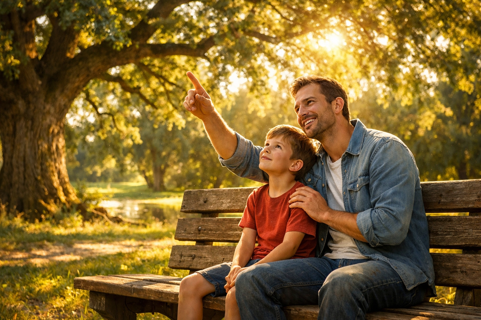 A father teaching his son about faith in a sunny park, sharing the Gospel and growing together in Christ.