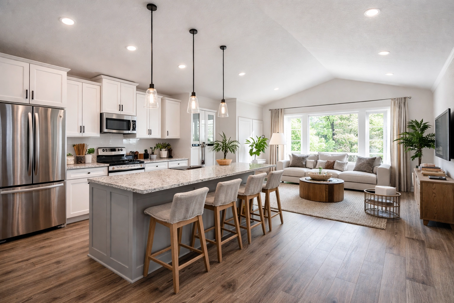 Modern manufactured home interior featuring open concept kitchen and living area