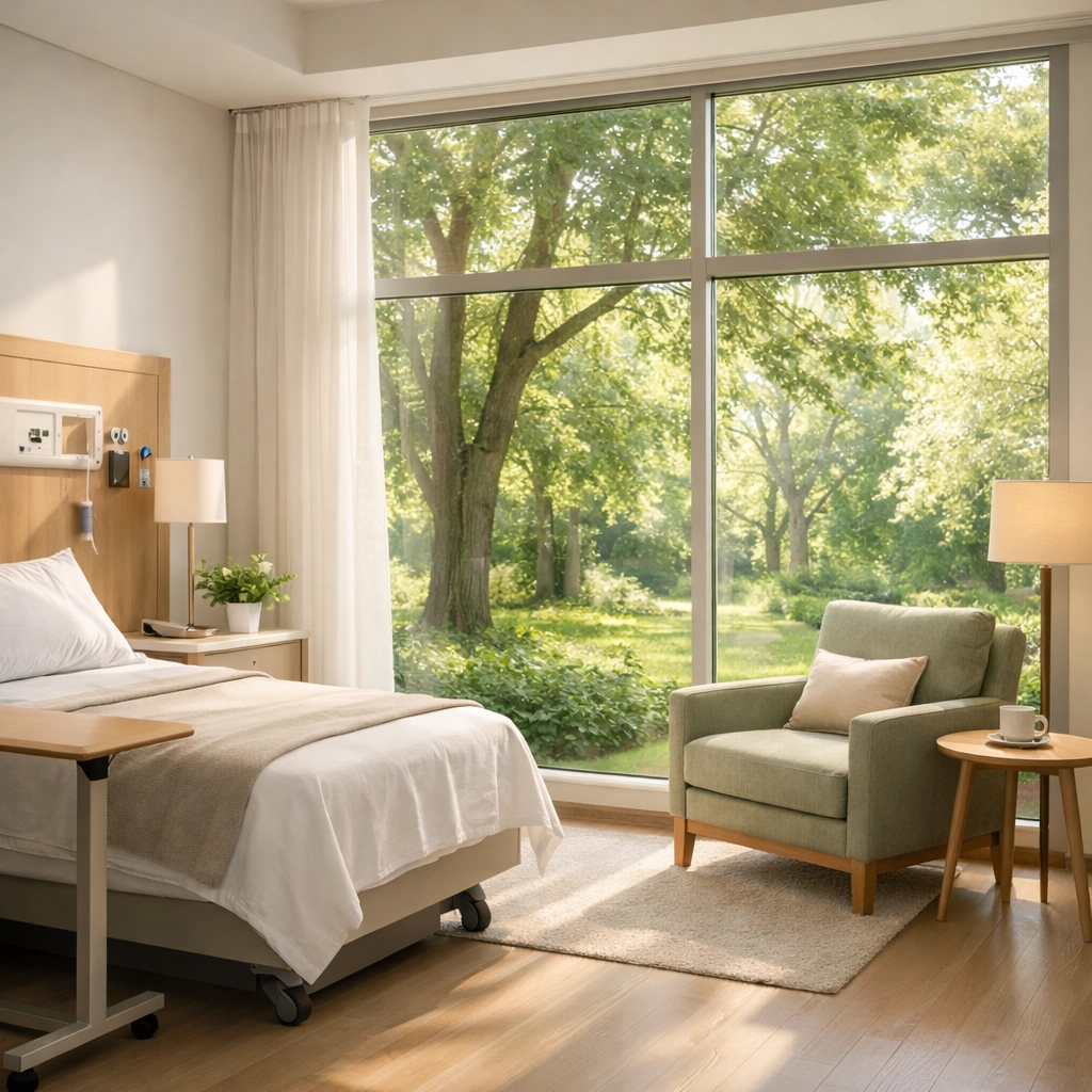 Modern patient room with natural light and garden views improving healthcare outcomes