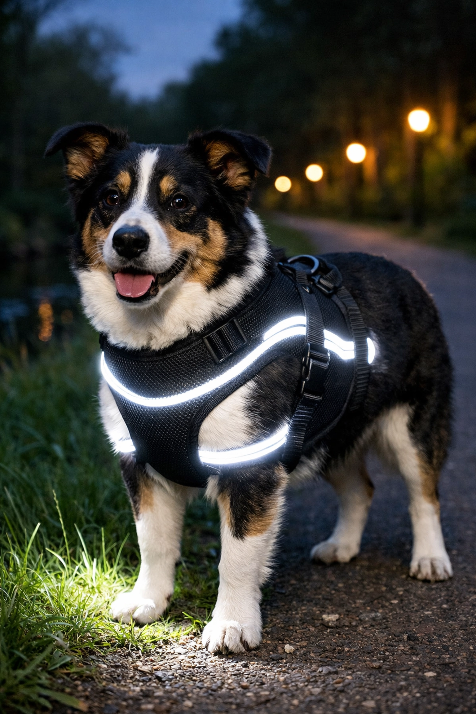 Black mesh dog harness with white LEDs providing 360-degree visibility on an Oakland County trail.