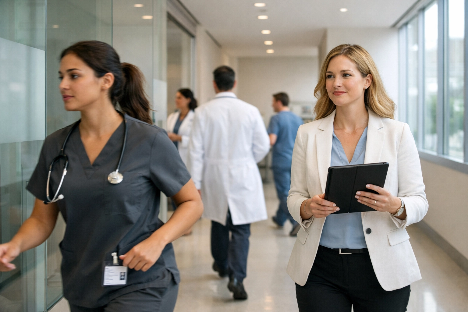 Busy medical clinic corridor with staff, illustrating the illusion of being fully staffed.