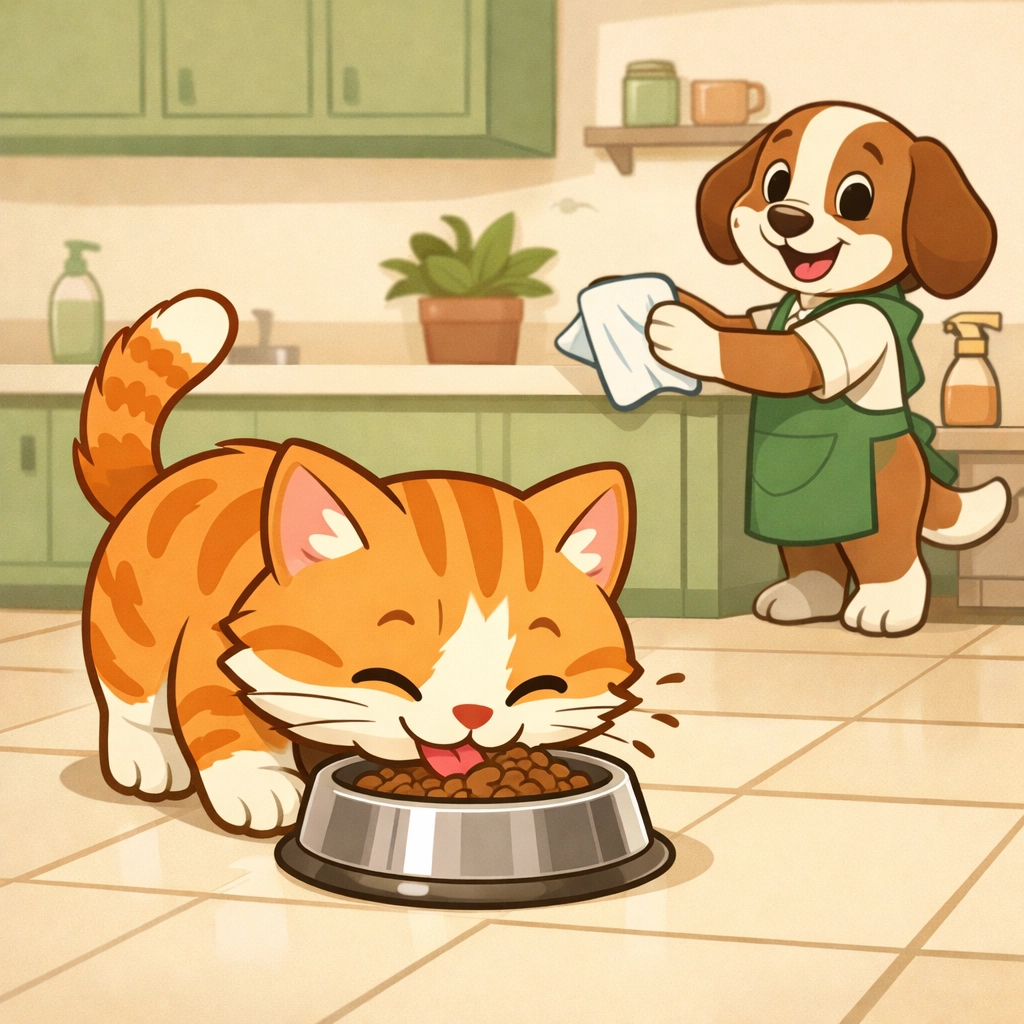 Cat enjoying raw cat food from bowl while kitchen surfaces are being cleaned