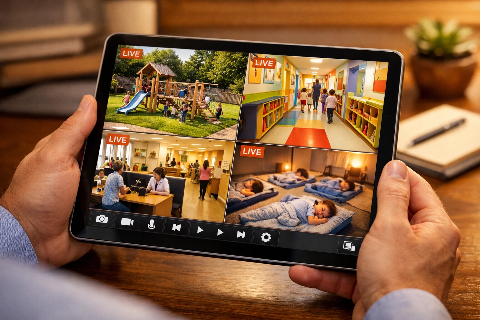 Nursery manager using a tablet to monitor live 4K CCTV footage of a British pre-school facility.