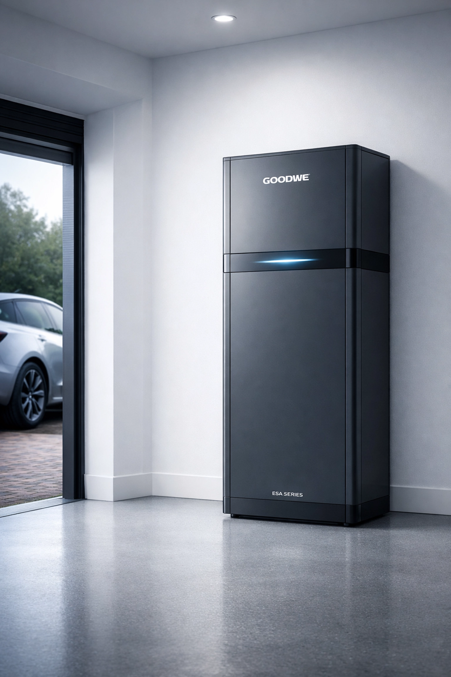 Modern GoodWe ESA all-in-one solar battery system installed in a minimalist UK garage.