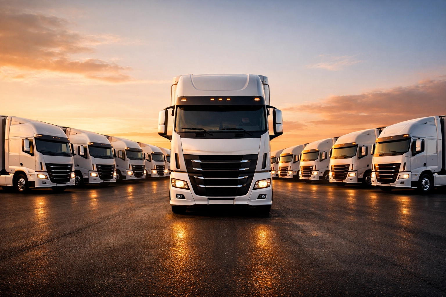 A fleet of modern white semi-trucks lined up at sunrise, illustrating business fleet expansion and truck financing.