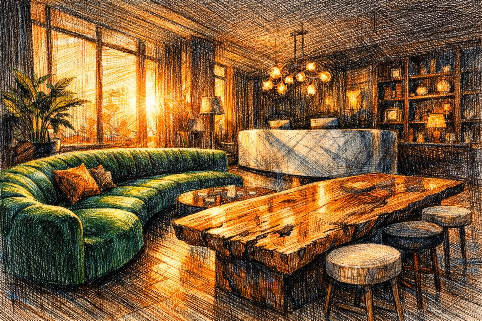 Modern boutique hotel lobby featuring a velvet sofa and communal table designed for a residential feel.