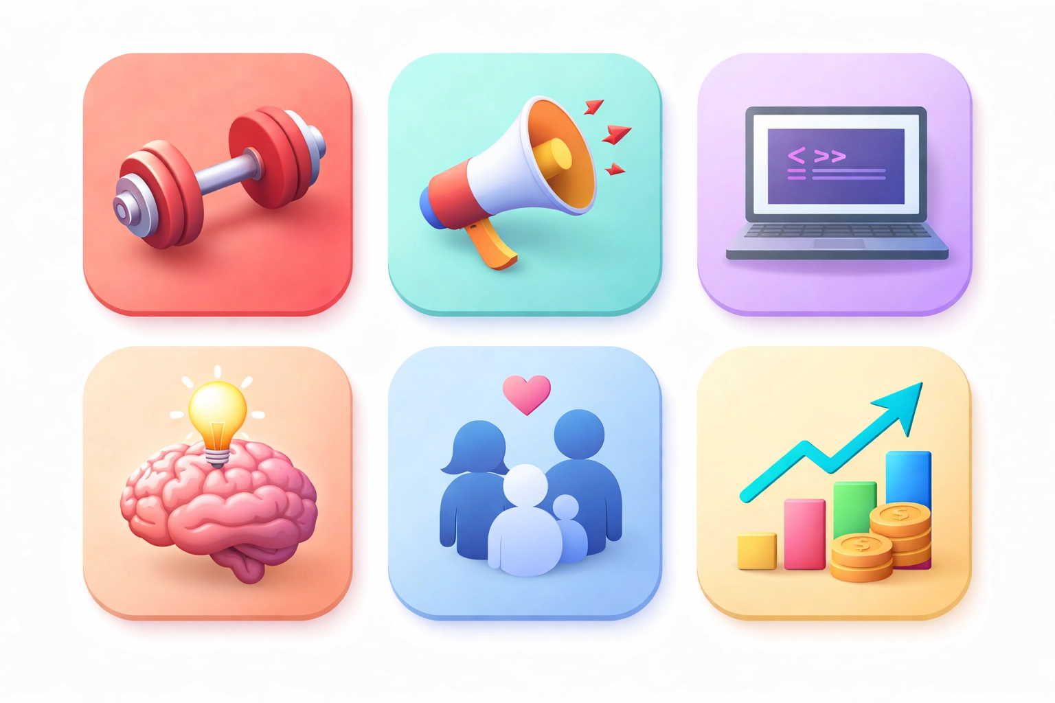Grid of colorful icons illustrating Ezy Learning’s diverse digital product categories and niches