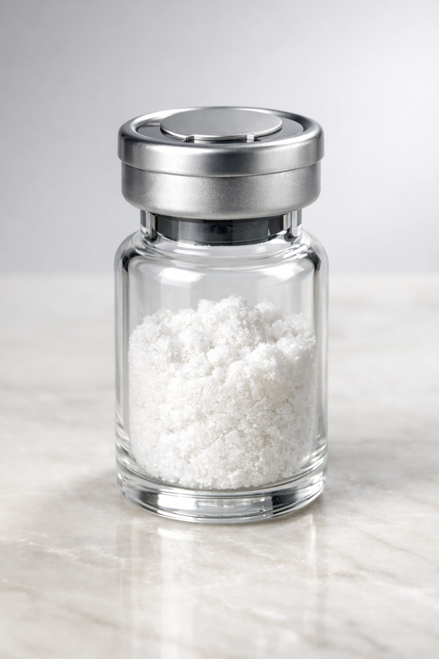 Premium vial of white lyophilized peptide powder showing stable research material.