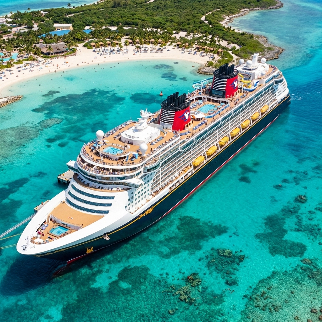 Aerial view of Disney Cruise ship docked at tropical Caribbean port
