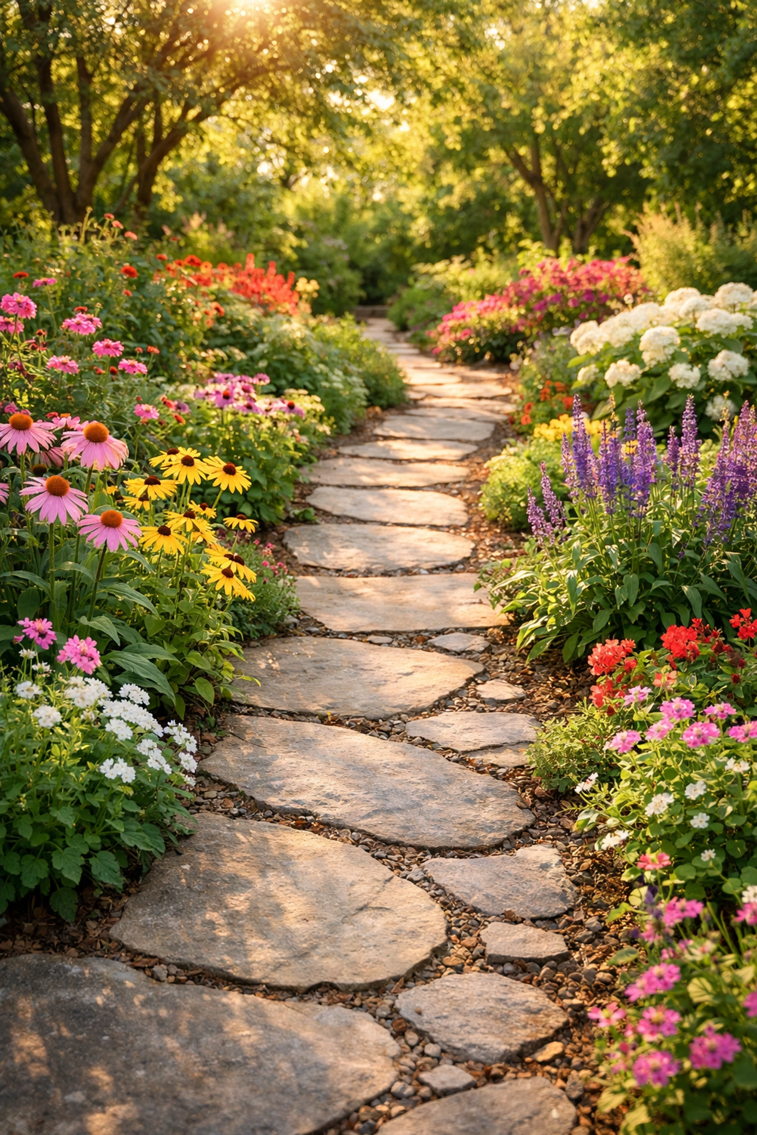 Clear stone garden path in sunlight showing a safe walking route for fall prevention.