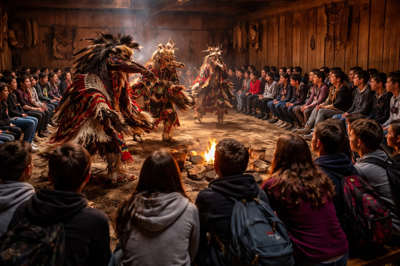 High school students watch Native American dancers during a cultural immersion program in the San Juan Islands