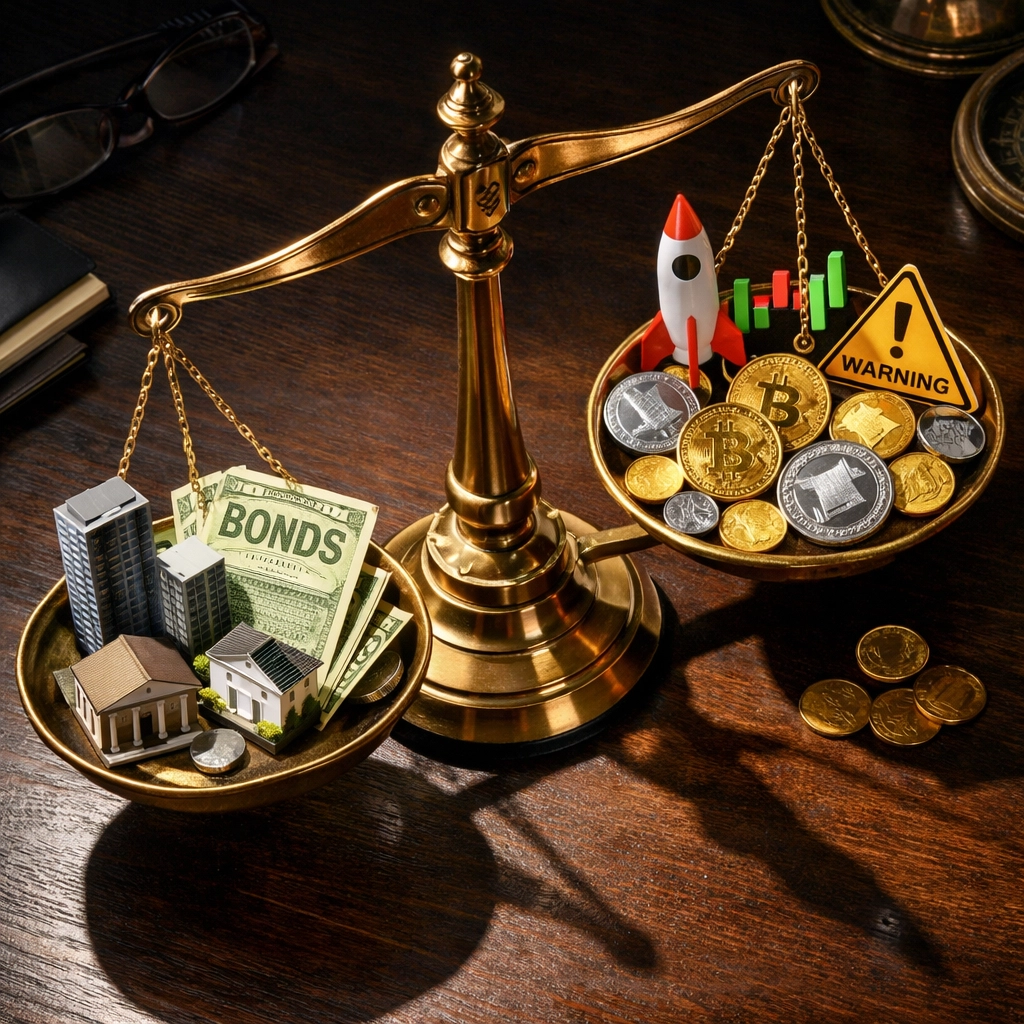 Balance scale comparing stable and volatile assets in portfolio risk allocation